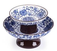 Ferrochef 2 Pcs Blue and White Ceramic Fruit Bowl Set Small Berry Basket | Pedestal Decorative Bowls Chinoiserie Floral Footed Fruits Serving Dishes for Kitchen Counter Table Centerpiece Home