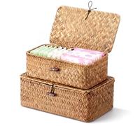 Ferrochef 2 Pcs Wicker Basket with Lid Rectangle Woven Baskets for Organizing Tampon Holder Woven Shelf Organizer Bins, Decorative Seagrass Storage Baskets for Shelf Bathroom Office(X-Small,Small)