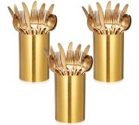 Ferrochef 3 Pack Gold Utensil Holder for Kitchen Counter, 4 x 6 Inch Stainless Steel Cutlery Caddy, Modern Silverware Organizer Cylinder Crock for Party Dining Table, Spoons & Makeup Brushes