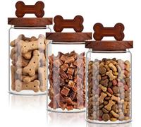 Ferrochef 3 Pcs Glass Dog Treat Container, Dog Cookie Jar with Wood Lid, 3.54 x 5.91 Inch Airtight Pet Treat Food Storage Container for Countertop, Treats Canister, Doggie Cookie, Pets