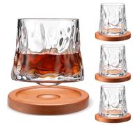 Ferrochef 4 Sets Whiskey Glasses 9.5oz/280ml Rotatable Tumbler Old Fashioned Rotating Crystal Whiskey Glass Cups with Walnut Coaster for Cocktail Coffee Milk Cup to Relax and Reduce Stress Gift