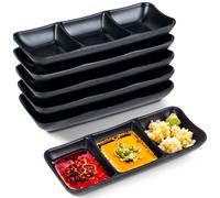 Ferrochef 6 Pcs Soy Sauce Dish 7.6 x 3.4 X1.1 Inch Plastic Divided Seasoning Dipping Dip Bowls 3 Compartment Korean Sauce Plate Condiment Tray for BBQ Vinegar Spice Sugar Hot Pot Restaurant Home