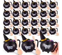 Ferrochef 60 Pcs Halloween Witches Brew Cauldron Mugs Set 20 Black Plastic Coffee Cups with Handle, 20 Wizard Hats, 20 Broom Spoons Bulk Spooky Party Favor for Drinks Candy Treats