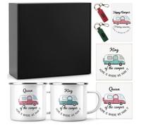 Ferrochef 7 Pieces 16 oz Camping Mugs Set of 2 with Leather Keychains Wood Coasters Gift Box Card Enamel Silver Rim for Couples Anniversary RV Camping