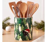 Ferrochef Christmas Ceramic Utensil Holder - Christmas Tree and Kitten Kitchen Utensil Crock, Xmas Holiday Utensils Holder with Non-Slip Base for Rustic Farmhouse, Indoor, Kitchen Decorations, 5" x 6"