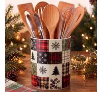 Ferrochef Christmas Ceramic Utensil Holder - Red Christmas Patchwork Kitchen Utensil Crock, Xmas Holiday Utensils Holder with Non-Slip Base for Rustic Farmhouse, Indoor, Kitchen Decorations, 5" x 6"
