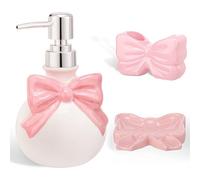 Ferrochef Pink Bow Ceramic Bathroom Accessories Set 3 Pcs for Countertop, Soap Dispenser, Toothbrush Holder, Soap Holder, Bathroom Sink Decor for Modern Home Decor