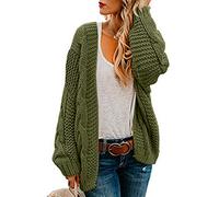 Ferrtye Women's Cardigans Open Front Cable Knit Chunky Long Sleeve Casual Sweaters - Green - Small