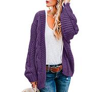 Ferrtye Women's Cardigans Open Front Cable Knit Chunky Long Sleeve Casual Sweaters - Purple - X-Large