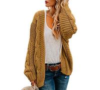 Ferrtye Womens Open Front Cardigans Cable Knit Chunky Long Sleeve Casual Sweaters - Yellow - Small