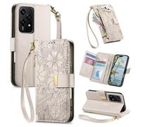 Fertuo Case for OPPO Find X3 Lite, PU Leather Flower Wallet Flip Book Cover with Card Holder, Zipper Pocket, Magnetic Closure, Stand and Hand Strap Women Pretty Shockproof Shell Skin, White