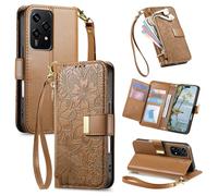 Fertuo Case for OPPO Find X5 Lite, PU Leather Flower Wallet Flip Book Cover with Card Holder, Zipper Pocket, Magnetic Closure, Stand and Hand Strap Women Pretty Shockproof Shell Skin, Brown