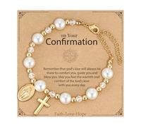 Fervia Catholic Virgin Mary Rosary Pearl Cross Bracelet Gifts for Women First Holy Communion Confirmation Baptism Christian Religious Gifts for Goddaughter Niece, Adjustable, Pearl