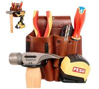 FESA Durable Leather Pliers Holster - Heavy Full Grain Leather Double Plier Holder for Belt with Steel Hammer Holder, Tape Clip & 2 Carpenter's Pencil Pockets - Clip On Any Belt - Handcrafted (Cherry)