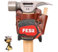 FESA Leather Tape Measure Holder - Tape or Drill Holder for Tool Belt with Steel Clip, Pencil Pocket & Heavy Duty Rivets - 2 Ways to Attach - Fits Any Belt - Handcrafted (Cherry, with Hammer Pocket)