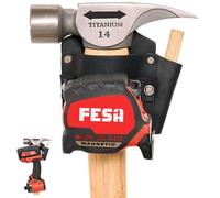 FESA Leather Tape Measure Holder - Tape or Drill Holder for Tool Belt with Steel Clip, Pencil Pocket & Heavy Duty Rivets - 2 Ways to Attach - Fits Any Belt - Handcrafted (Black, with Hammer Pocket)