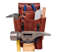 FESA Small Leather Tool Pouch - 5-in-1 Heavy Full Grain Leather Small Tool Pouch w/ 4 Pockets, Steel Hammer Loop & Reinforced Heavy Duty Rivets - Fits Men's Work Belts up to 3" - Handcrafted (Cherry)