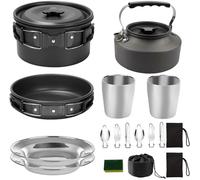 Fesatccoz 17pcs Camping Cookware Mess Kit, Protable Aluminum Alloy Cooking Equipment Lightweight Camping Pots and Pans Set with Stainless Steel Cups Plates Forks Knives Spoons for 2-3 People