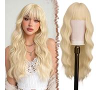 FESHFEN Blonde Wig with Bangs for Women, 26 Inch Long Wavy Natural Looking Synthetic Hair Curly Wigs for Party Costume Cosplay Daily Use