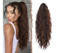 FESHFEN Claw Clip Ponytail Extensions, Long Pony Tail Hair Piece Wavy Curly Synthetic Hairpieces for Women, Dark Brown and Light Auburn 26 inch