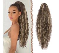 FESHFEN Claw Clip Ponytail Extensions, Long Pony Tail Hair Piece Wavy Curly Synthetic Hairpieces for Women, Chestnut Brown Mixed Ash Blonde 26 inch
