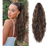FESHFEN Claw Clip Ponytail Extensions, Long Pony Tail Hair Piece Wavy Curly Synthetic Hairpieces for Women, Brown Highlighted Strawberry Blonde 26 inch