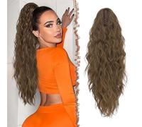 FESHFEN Claw Clip Ponytail Extensions, Long Pony Tail Hair Piece Wavy Curly Synthetic Hairpieces for Women, Moss Brown 26 inch