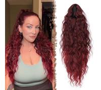 FESHFEN Claw Clip Ponytail Extensions, Long Pony Tail Hair Piece Wavy Curly Synthetic Hairpieces for Women, Black Ombre Red 30 inch