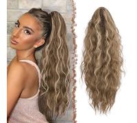 FESHFEN Claw Clip Ponytail Extensions, Long Pony Tail Hair Piece Wavy Curly Synthetic Hairpieces for Women, Light Brown & Blonde 26 inch