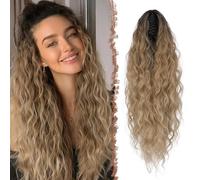 FESHFEN Claw Clip Ponytail Extensions, Long Pony Tail Hair Piece Wavy Curly Synthetic Hairpieces for Women, Ombre Brown Mix Blonde 26 inch