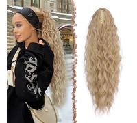 FESHFEN Claw Clip Ponytail Extensions, Long Pony Tail Hair Piece Wavy Curly Synthetic Hairpieces for Women, Blonde & Ash Blonde Mixed 26 inch