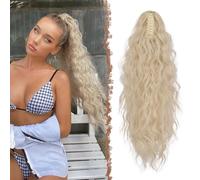 FESHFEN Claw Clip Ponytail Extensions, Long Pony Tail Hair Piece Wavy Curly Synthetic Hairpieces for Women, Platinum Blonde 26 inch