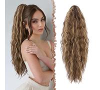 FESHFEN Claw Clip Ponytail Extensions, Long Pony Tail Hair Piece Wavy Curly Synthetic Hairpieces for Women, Honey Blonde Mixed Light Brown 26 inch