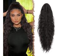 FESHFEN Claw Clip Ponytail Extensions, Long Pony Tail Hair Piece Wavy Curly Synthetic Hairpieces for Women, Natural Black 26 inch