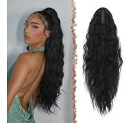FESHFEN Claw Clip Ponytail Extensions, Long Pony Tail Hair Piece Wavy Curly Synthetic Hairpieces for Women, Black 26 inch