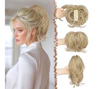 FESHFEN Claw Clip Short Ponytail Extensions - DIY Bendable Metals Fluffy Messy Bun Hair Piece Straight Synthetic Hairpieces Ponytail Extension for Women, Dirty Blonde