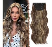 FESHFEN Clip-In Extensions, 4 Pieces 50 cm Hair Extensions with Clips, Synthetic Wavy Hair Extensions, Medium Brown/Blonde Highlights, Wavy Hair Extensions, Clip in Hairpiece for Women, 180 g