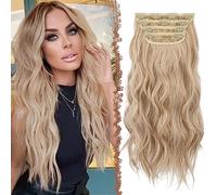 FESHFEN Clip in Hair Extensions 4 PCS Thick Highlight Hairpieces Long Wavy Clip in Hair Piece Full Head Synthetic Hair Extensions for Women, 20 Inches Honey Blonde Mixed Platinum Blonde