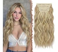 FESHFEN Clip in Hair Extensions 4PCS Dirty Blonde Thick Hair Piece Long Wavy Clip in Extensions Highlighted Full Head Synthetic Fiber Hairpieces for Women, 20 Inch 180g
