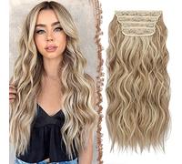 FESHFEN Clip in Hair Extensions 4PCS Dirty Blonde Thick Hair Piece Long Wavy Clip in Extensions Highlighted Full Head Synthetic Fiber Hairpieces for Women, 20 Inch 180g