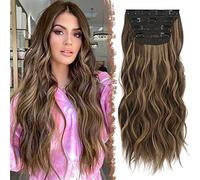 FESHFEN Clip in Hair Extensions 4PCS Honey Blonde Mixed Light Brown Thick Hair Piece Highlighted Long Wavy Clip in Extensions Full Head Synthetic Fiber Hairpieces for Women, 20 Inch 180g