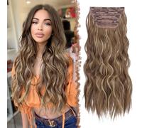 FESHFEN Clip in Hair Extensions 4PCS Light Brown & Blonde Thick Hair Piece Long Wavy Clip in Extensions Full Head Synthetic Fiber Hairpieces for Women, 20 Inch 180g