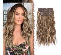 FESHFEN Clip in Hair Extensions 4PCs Long Wavy Thick Hair Piece Highlighted Full Head Synthetic Natural Curly Light Brown Mixed Blonde Extension for Women, 16 Inch