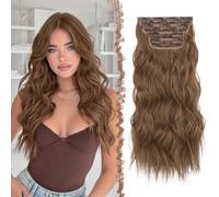 FESHFEN Clip in Hair Extensions 4PCS Toffee Mixed Thick Hair Piece Long Wavy Clip in Extensions Full Head Synthetic Fiber Hairpieces for Women, 20 Inch 180g