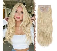 FESHFEN Clip in Hair Extensions for Women - 4 Pcs Thick Double Weft Long Wavy Soft Synthetic Blends Well Hair Extension, 24 inch Platinum Blonde