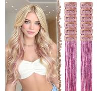 FESHFEN Clip in Hair Tinsel - 12 PCs Colorful Glitter Tinsel Clip Extensions Sparkle Fairy Party Dazzle Hair Accessories for Women 20 Inch