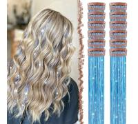 FESHFEN Clip in Hair Tinsel - 12 PCs Skyblue Glitter Tinsel Clip Extensions Sparkle Fairy Party Dazzle Hair Accessories for Women 20 Inch