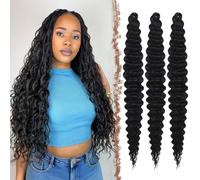 FESHFEN Deep Wave Crochet Hair Extensions - 3 Packs Ocean Wave Braiding for Black Women Synthetic Wavy Curly Boho Goddess Braids Extension, 22 inch Black