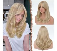 FESHFEN Dirty Blonde Wigs with Bangs for Women, Synthetic Natural Looking Long Layered Straight Hair Wig for Daily Party Use 18 inch