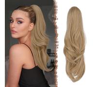 FESHFEN Drawstring Ponytail Extension, Natural Long Wavy Layered Synthetic Pony Tails Blonde & Ash Blonde Mixed Hair Extensions Hairpieces for Women, 20 inch